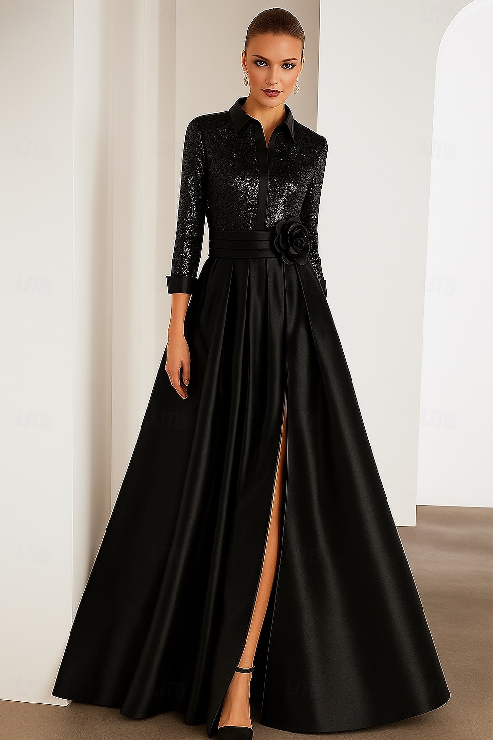 Abito da sera A-Line con cravatta nera Abito elegante formale da matrimonio lunghezza fino al pavimento maniche lunghe colletto camicia mantelle in satin con pieghe glitter del 2025 a $142.99 –P1