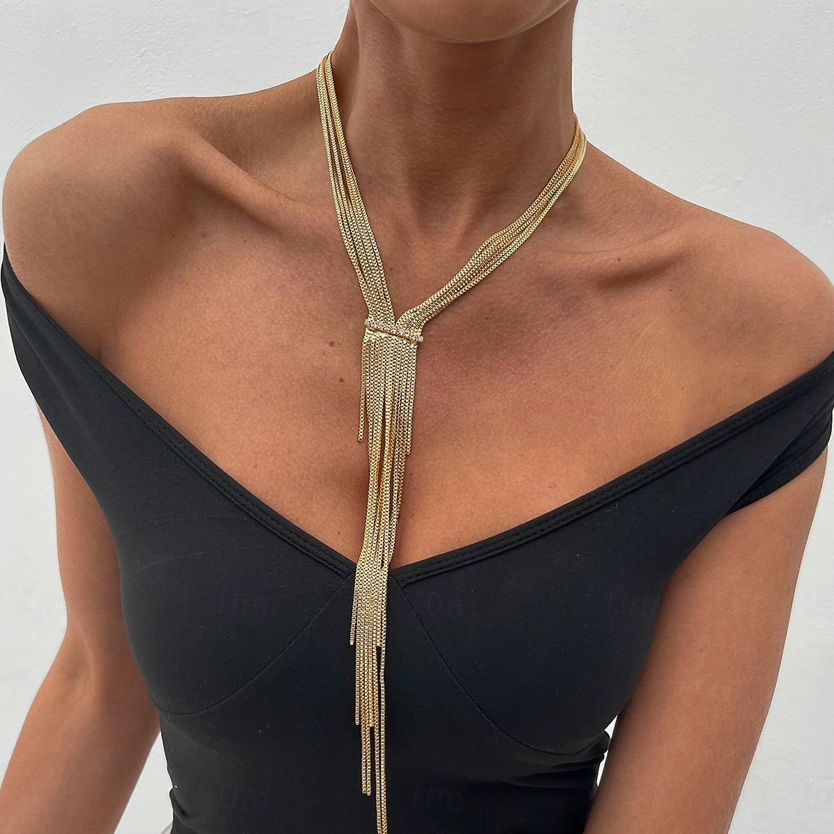 Dámský pozlacený střapcový náhrdelník - elegantní vrstvený řetízkový choker s dlouhými třásněmi, výrazný šperk na večírky, do nočních klubů a večerní akce 2025 - $11.99 –P8