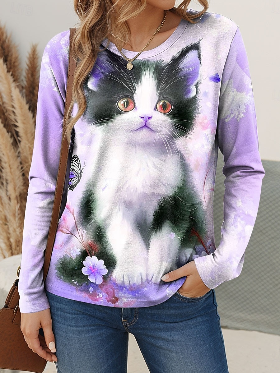 Dame T skjorte Blomstret Grafisk Katt Årgang Stilfull Klassisk Langermet Crew-hals Vanlige topper Daglig Helg Trykt mønster Rosa Blå Lilla Grønn Vår Høst 2025 - $22.99 –P3