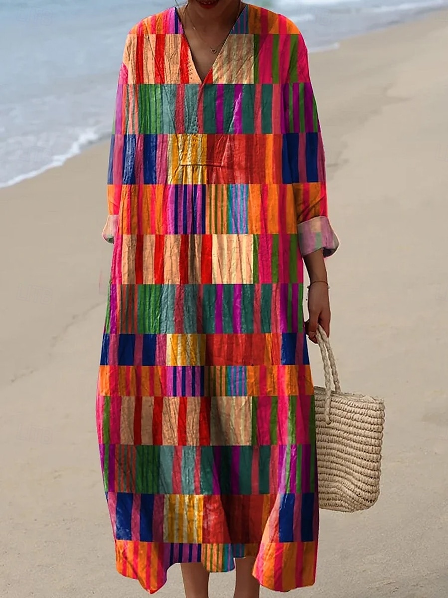 Damen Maxikleid Sommerkleid A Linie Kleid Urlaub Lässig Boho Party Ausgehen Strand Blumen Grafik Geometrisch Langarm V Ausschnitt Rote Blau Regenbogen Sommer Frühling Herbst 2025 - $35.99 –P3