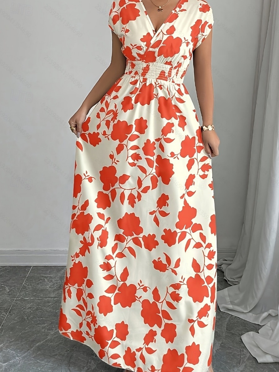 Damskie Sukienka maxi Sukienka A line Urlop Codzienny Boho Na zewnątrz Wyjściowe Luźny / a Kwiaty Krótki rękaw W serek Czarny Czerwony Niebieski Pomarańczowy Lato 2025 - $24.99 –P8