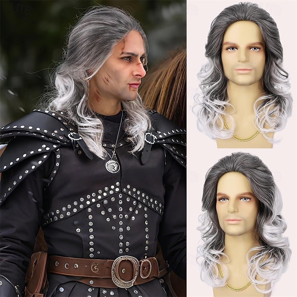 باروكة شعر رجالي طويل مجعد ومموج باللون الأبيض باروكة شعر صناعي مقاوم للحرارة للاستخدام اليومي في الحفلات التنكرية والهالوين 2025 - $26.99 –P4