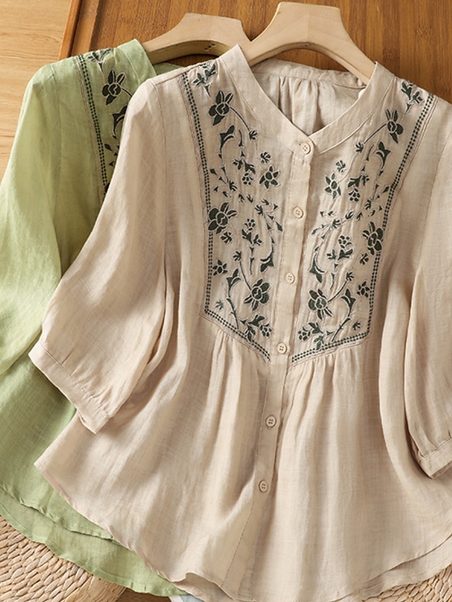 Femmes Chemises en coton et lin Fleuri Bohème Occasionnel Manche 3/4 Col ras du cou Hauts Réguliers Quotidien Broderie Vert Abricot Été Printemps Automne de 2025 ? $34.99 –P1