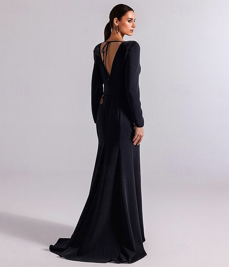 Schwarzes und goldenes A-Linien-Abendkleid, elegantes Kleid, formelles Smokingkleid, Hochzeitskleid, Schleppe, Langarm, V-Ausschnitt, Stretch-Krepp mit Paillettenstickerei 2025 2025 - $149.99 –P3