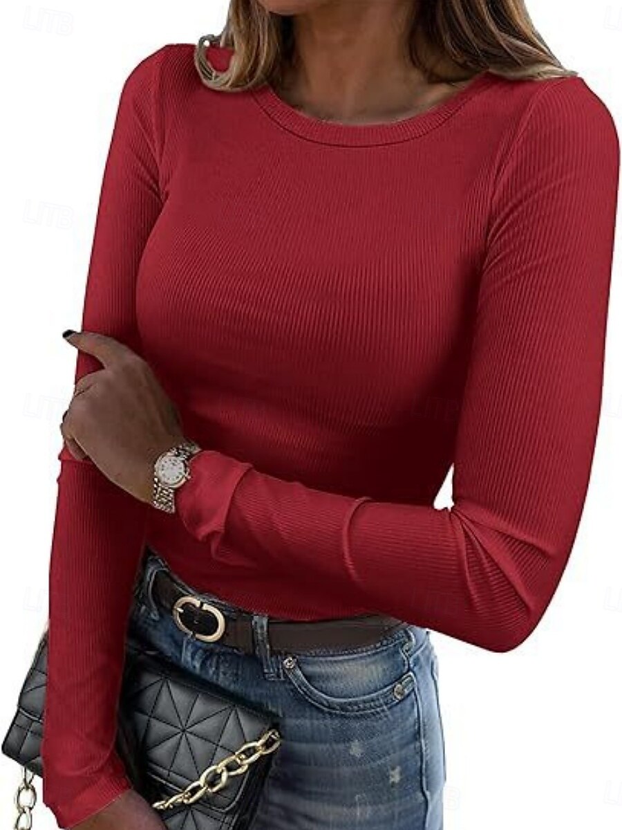 Women's Blouse Solid Color Stylish Basic Casual Long Sleeve Crew Neck Regular Tops Daily White Red Orange Gray Summer Spring 2025 - $11.49 –P4