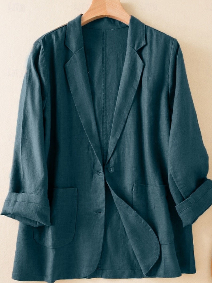 Damen-Blazer aus Baumwollleinen, bequem, atmungsaktiv, Tasche, lässig, einfarbig, fürs Büro, Straße, lässig, Alltagskleidung, einreihig, normal, Umlegekragen, normale Passform, langärmelig, Oberbekleidung, weiß, grün, beige, Sommer 2025 - $31.99 –P1