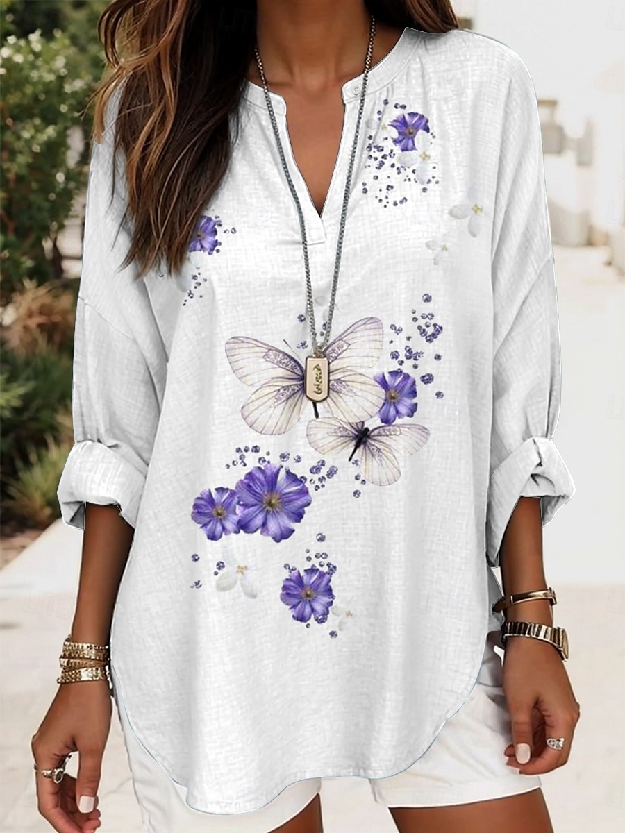 Dame Bluse Grafisk Sommerfugl Elegant Stilfull Fritid Langermet V-hals Vanlige topper Daglig Ferie Trykt mønster Rød Lilla Grønn Regnbue Sommer Vår 2025 - $24.99 –P4