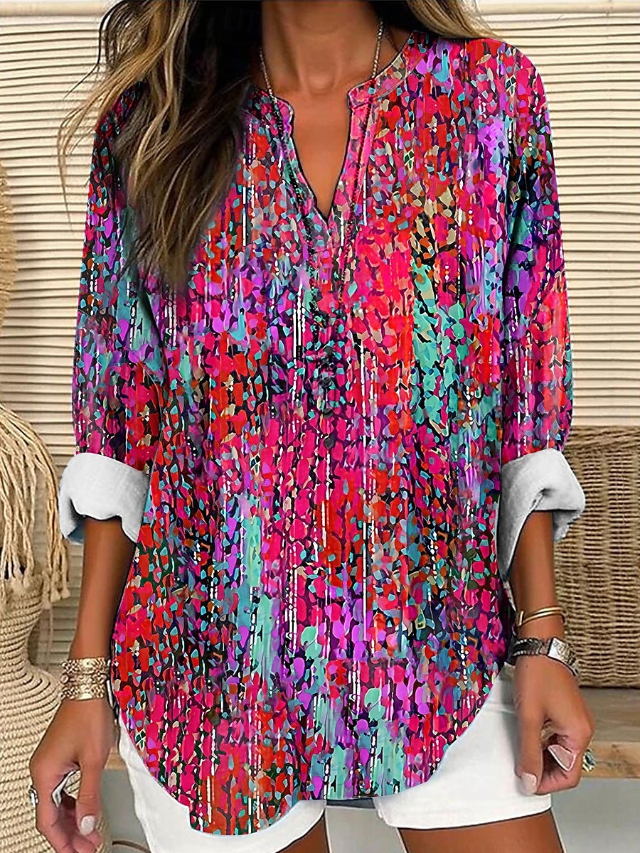 Women's Shirt Long Sleeve Tunic Tops Ombre Graphic Vintage Tropical Hawaiian V Neck Regular Tops Daily Holiday Beach Wear Print Blue Purple Orange Green Summer Spring 2025 - $24.99 –P4