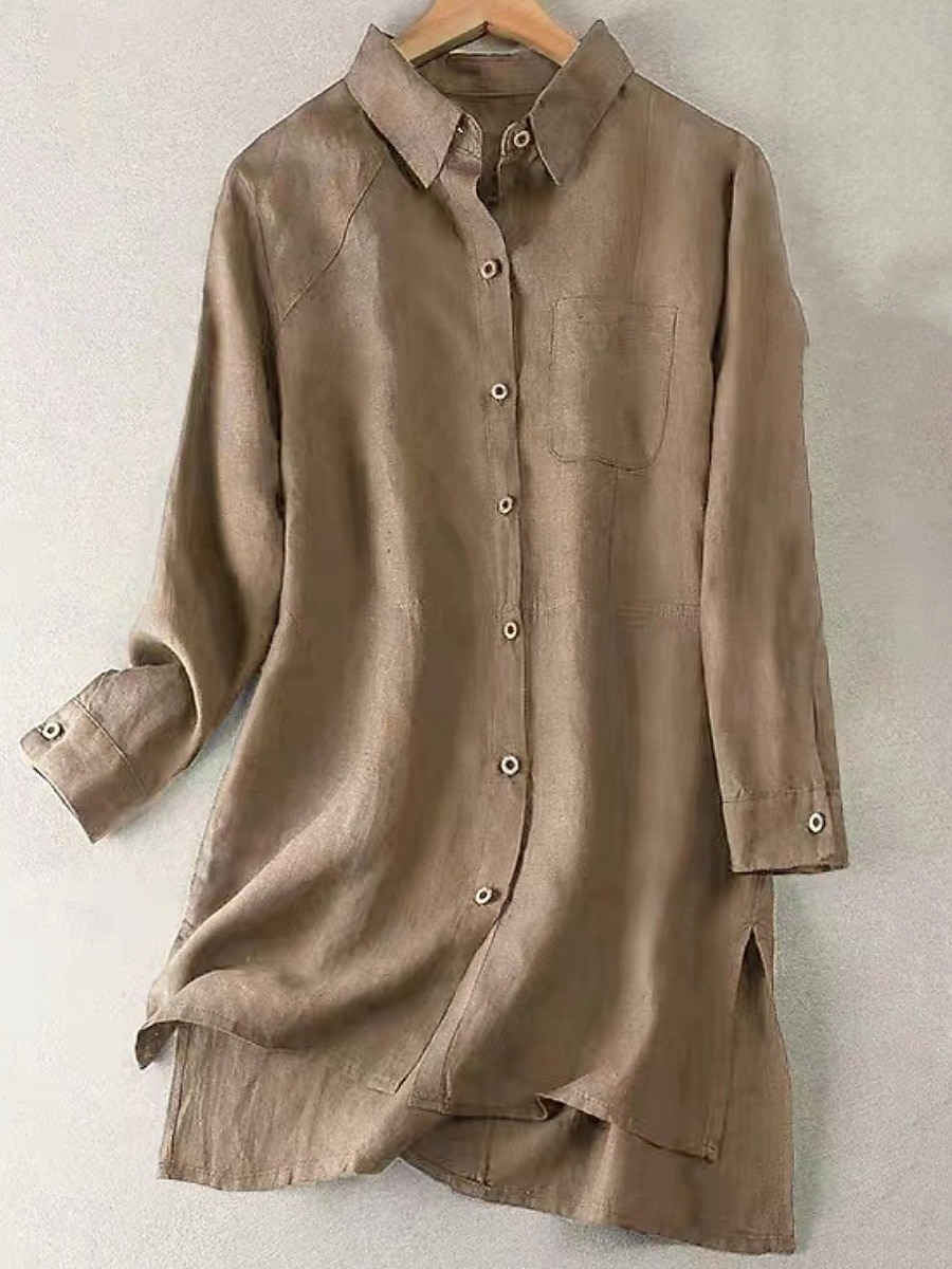 Femmes Chemises en coton et lin Couleur Unie Élégant Basique Occasionnel manche longue Col de chemise Hauts Longs Quotidien Boutons Blanche Vert Véronèse Kaki Été Automne de 2025 ? $23.99 –P1