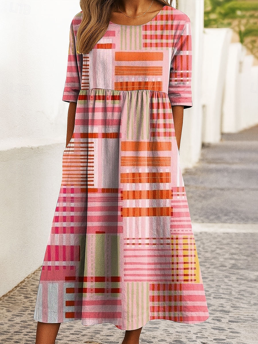 Damen Midikleid A Linie Kleid Sommerkleid Urlaub Lässig Ferien Normale Passform Grafik Geometrisch Halbarm Rundhalsausschnitt Rosa Rote Blau Grün Sommer Frühling Herbst 2025 - $31.99 –P4