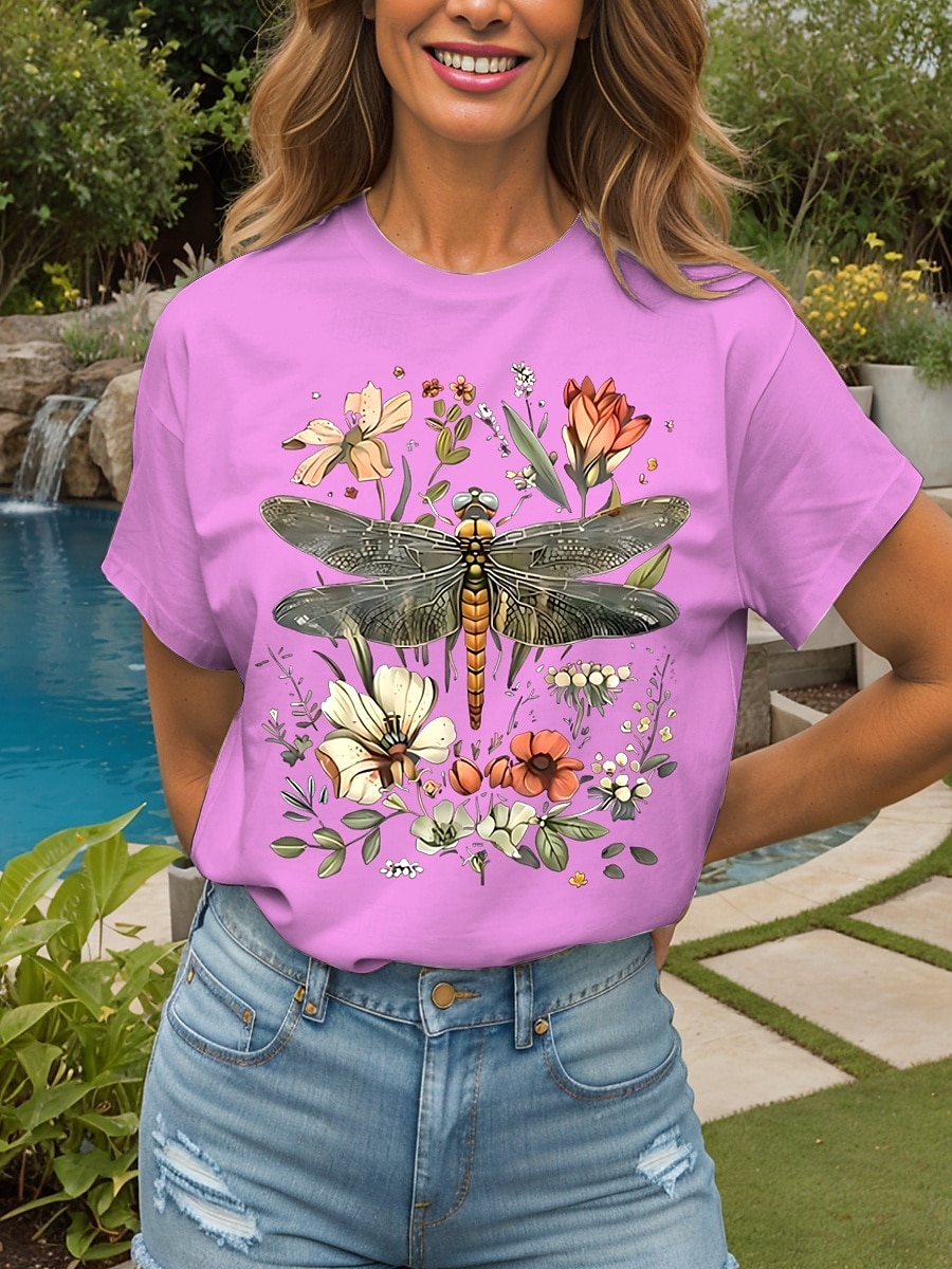 Femmes T-shirt Fleuri Graphique Libellule ancien Élégant Classique Manche Courte Col ras du cou Col rond Hauts Réguliers Quotidien Week-end Imprimé Noir Blanche Jaune Rose Claire Rouge Été Printemps de 2025 ? $19.99 –P3