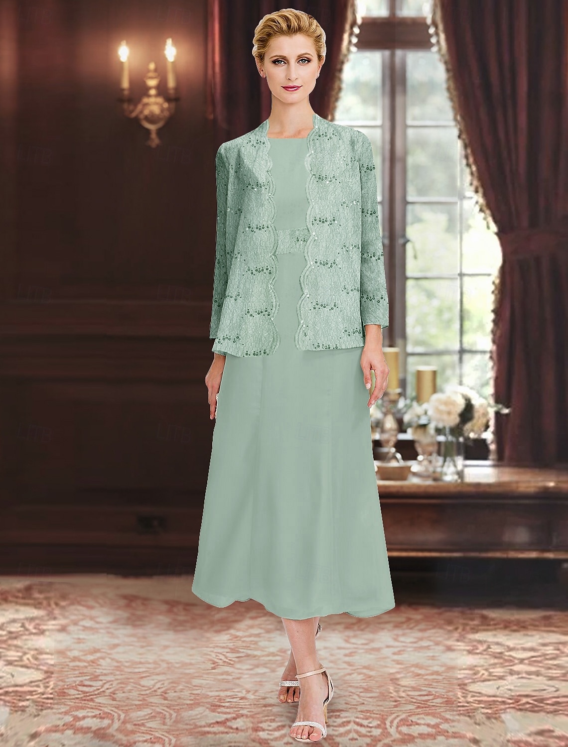 Paillettenspitze, zweiteiliges A-Linien-Kleid für die Brautmutter, elegant, schlicht, luxuriös, Chiffon, U-Boot-Ausschnitt, Midi-Länge, ärmellos, mit langärmliger Jacke 2025 2025 - $119.99 –P4