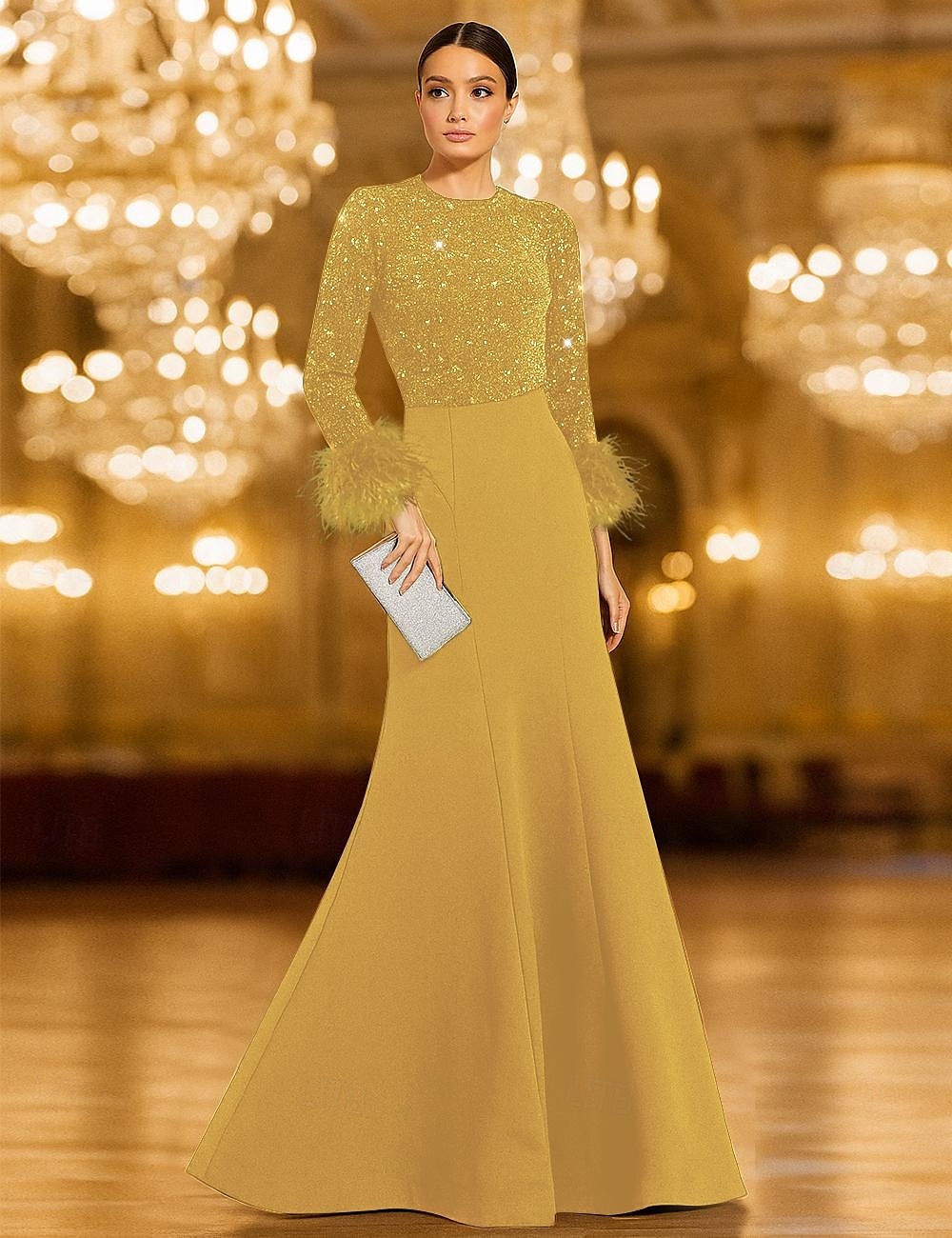 Red Black Tie Sequin Mermaid Evening Gown Elegant Dress Formal Wedding Floor Length Long Sleeve Crew Neck Stretch Crepe with Feather 2025 - $142.99 –P3
