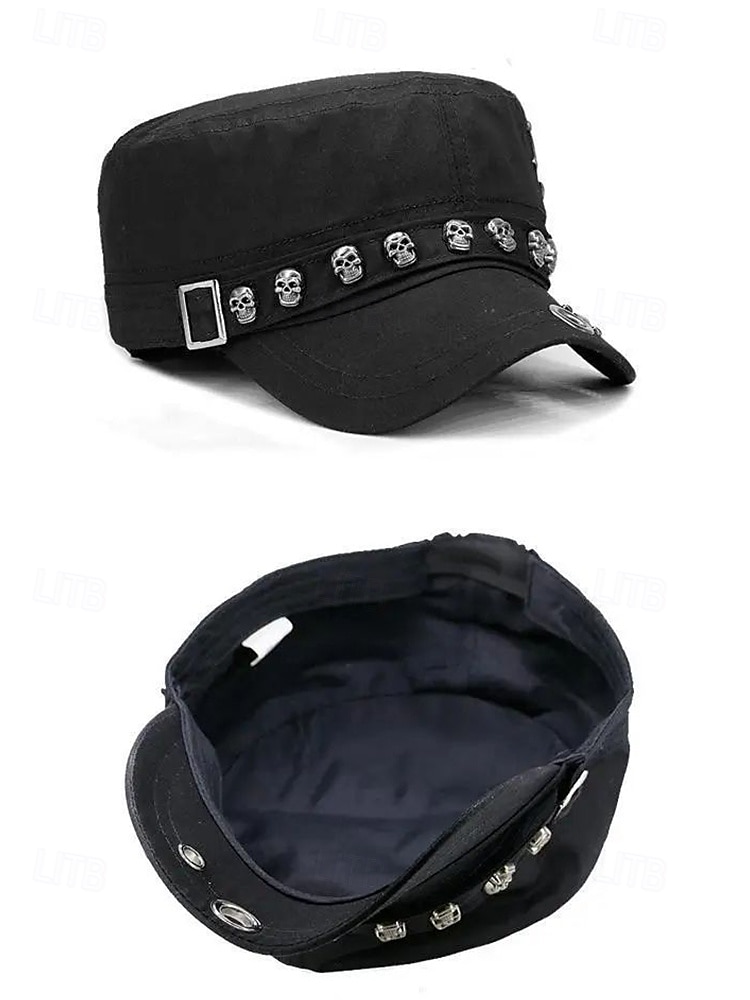 Militärkeps i bomull med dödskalle – justerbar halloweenhatt i punkrockstil för cosplay, fester och avslappnad streetwear 2025 - $18.99 –P4