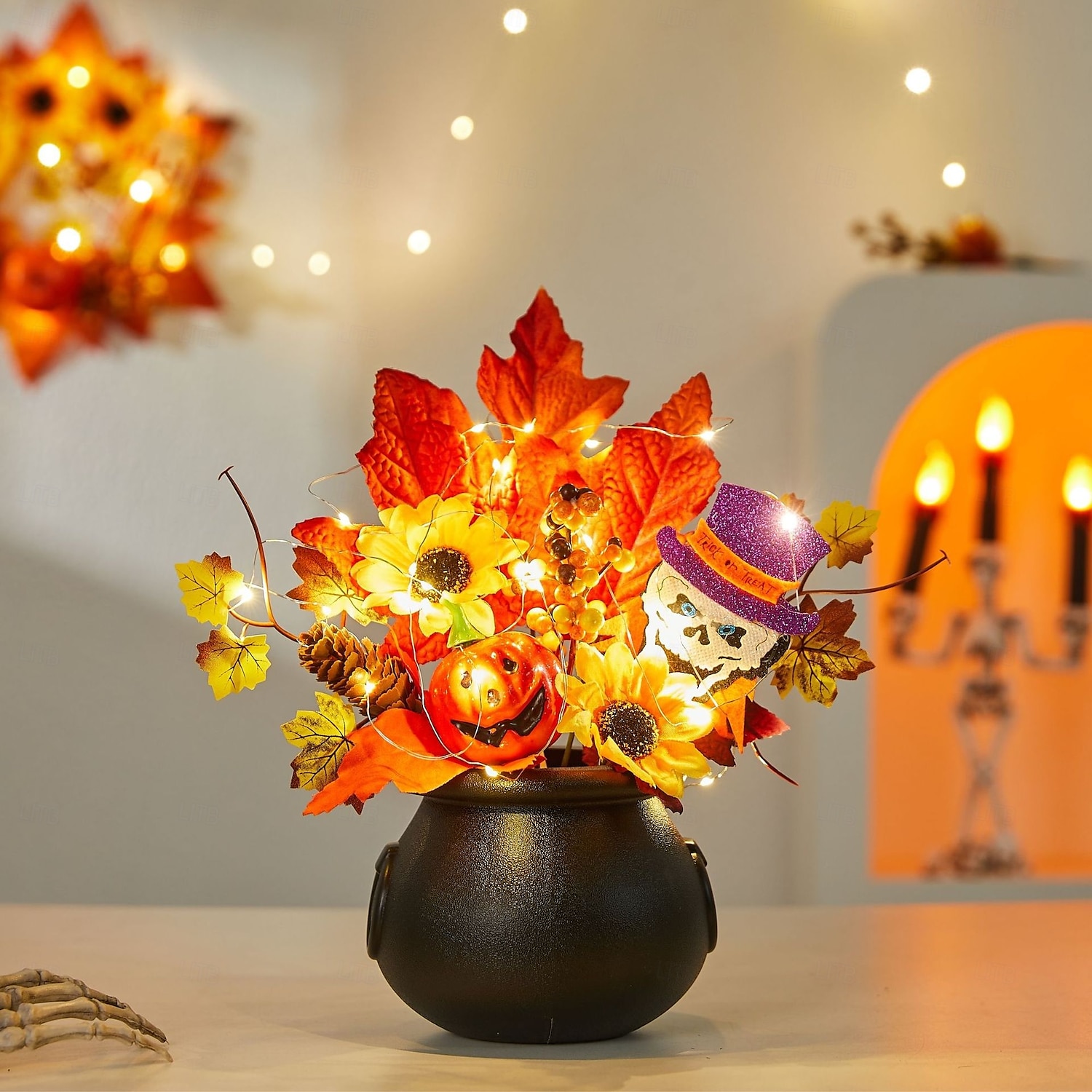 2025年 ハロウィンの秋のデスクトップ飾り。フェイクカボチャ、カエデの葉、松ぼっくり、LEDライトの収穫祭の装飾。ハロウィン、不気味な秋のディスプレイ、秋の家の装飾。  コレクション – $14.99 –P6
