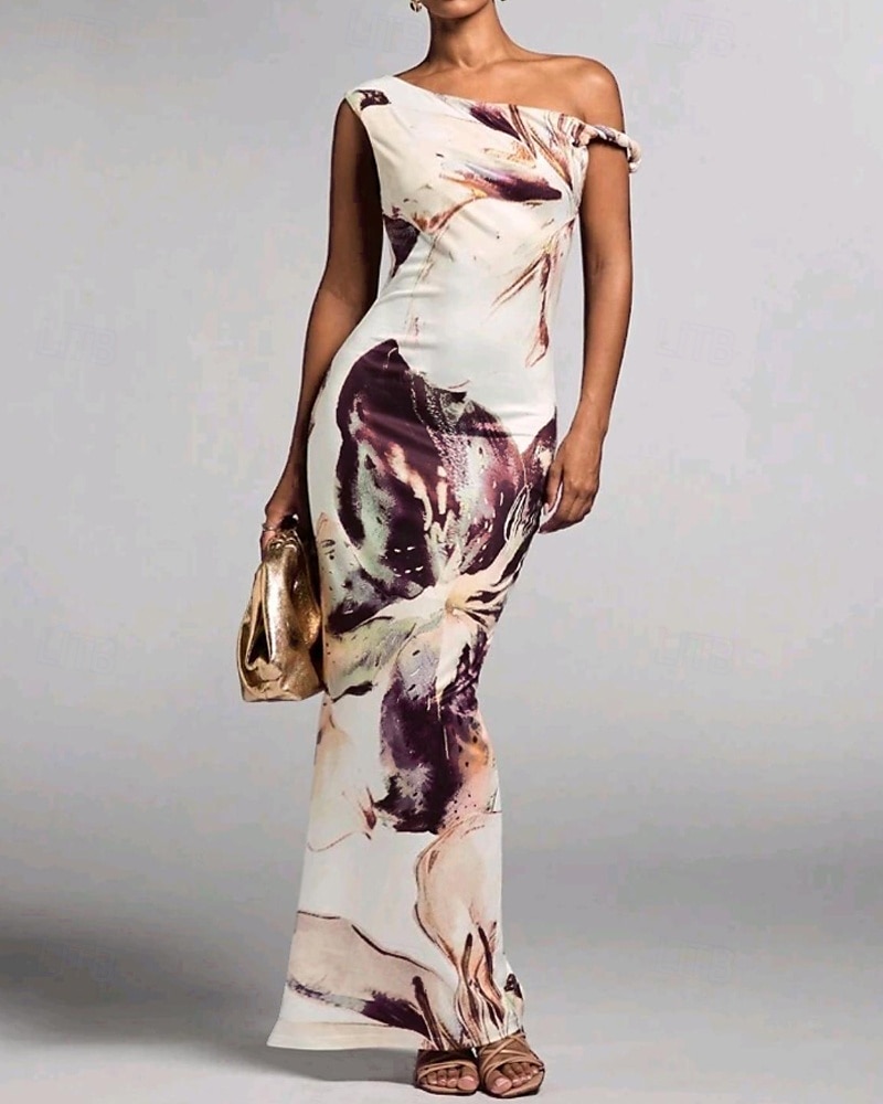 Femmes Robe Longue Maxi Robe Robe Imprimée Mode Extérieur Sortir Week-end Coupe régulière Fleur Sans manches Une Épaule Violet Vert Été de 2025 ? $22.99 –P1