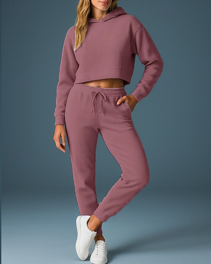 Femmes Ensemble Survetement Jogging Pantalon Sweat-shirt à enfiler Cordon de serrage À capuche Couleur Unie Ensemble Vêtements Printemps Gris foncé Noir Salle de sport Extérieur Course Taille haute de 2025 ? $39.99 –P8
