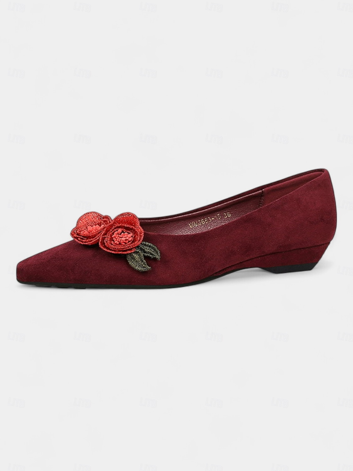 Bailarinas de ante burdeos para mujer: diseño de rosas bordadas con flores, elegantes zapatos sin cordones con punta puntiaguda para salidas informales, fiestas en el jardín y citas románticas. 2025 - $46.99 –P5