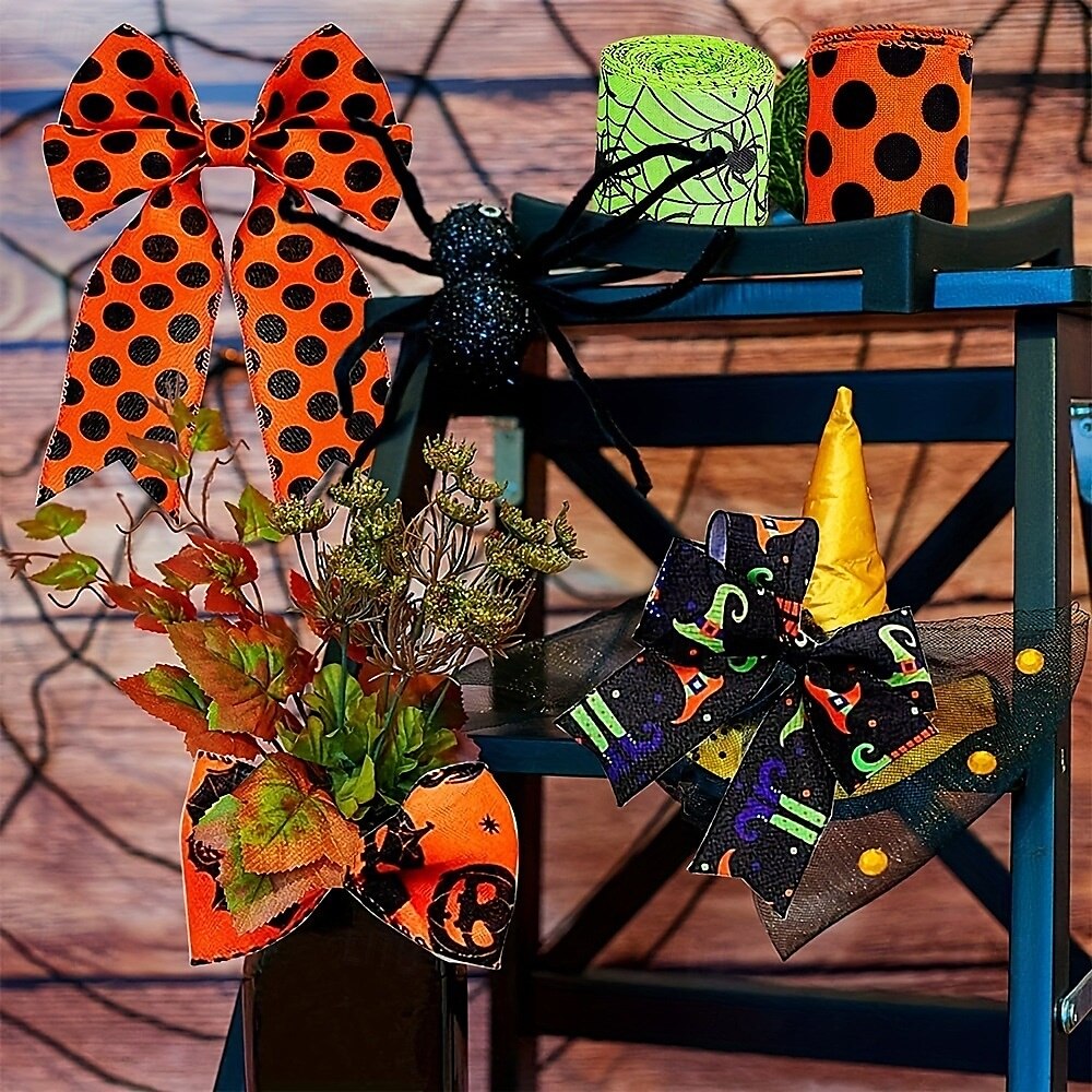 Nastro con bordo rinforzato per Halloween, 4 rotoli, nastro stampato a forma di pipistrello, ragno, zucca, gambe di strega, cappello, pois, nastri in grosgrain per Halloween, ghirlanda per la casa, del 2025 a $9.49 –P10