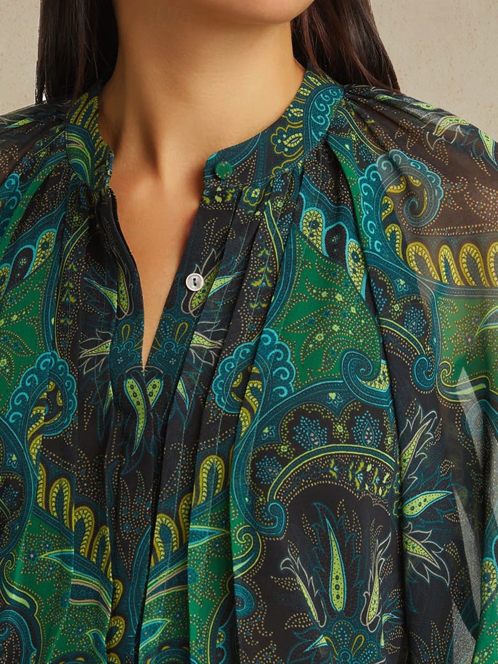 Women's Paisley Print Chiffon Peasant Top Lantern Sleeve Casual Long Sleeve V Neck Shirt Blouse for Spring 2025 - $59.99 –P2