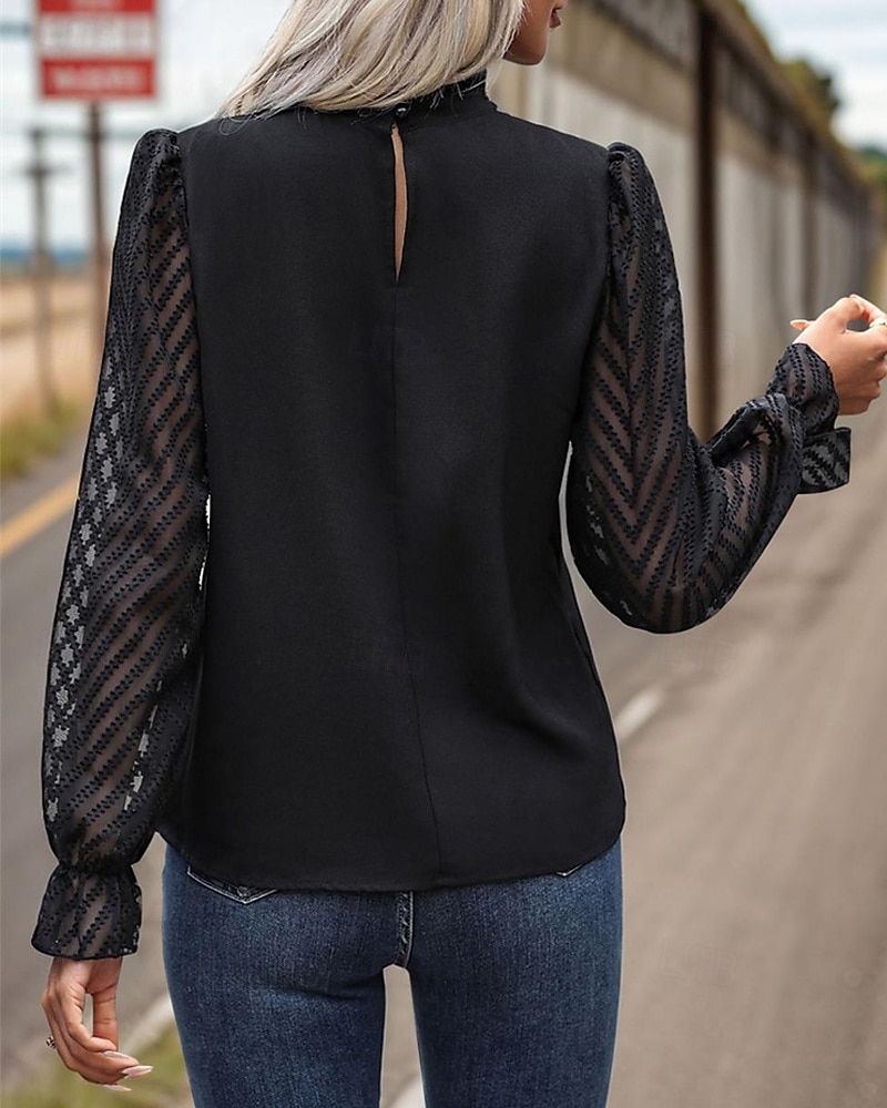 Per donna Camicia Semplice Elegante Moderno Manica Lunga Collo Alto Top Regolari Quotidiano Uscire Bottoni Rete Nero Primavera Autunno del 2025 a $23.99 –P4
