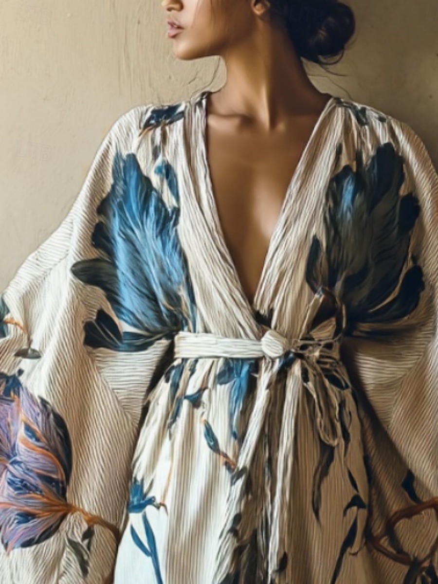 Dámské dlouhé šaty maxi šaty boho šaty ležérní šaty swingové šaty letní šaty vintage prázdninové denní plážové šaty regular střih květinový střih s dlouhým rukávem výstřih do V modrá léto jaro podzim 2025 - $25.99 –P1