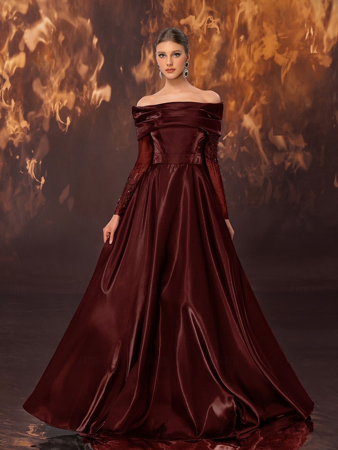 Rochie neagră de seară, linie A, elegantă, rochie formală de mireasă, lungime la podea, fără mâneci, umerii goi, satin elastic cu pliuri, dantelă și mărgele, 2025 2025 - $149.99 –P8