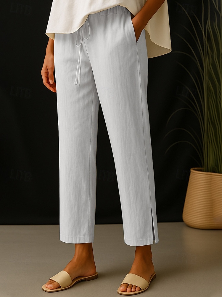 Women's Cotton Linen Pants Simple Casual Long High Waist Plain Pocket Elastic Drawstring Design High Cut Breathability Soft Micro-elastic Daily Wear White Green Beige Gray Spring Fall Regular Fit 2025 - $17.99 –P3