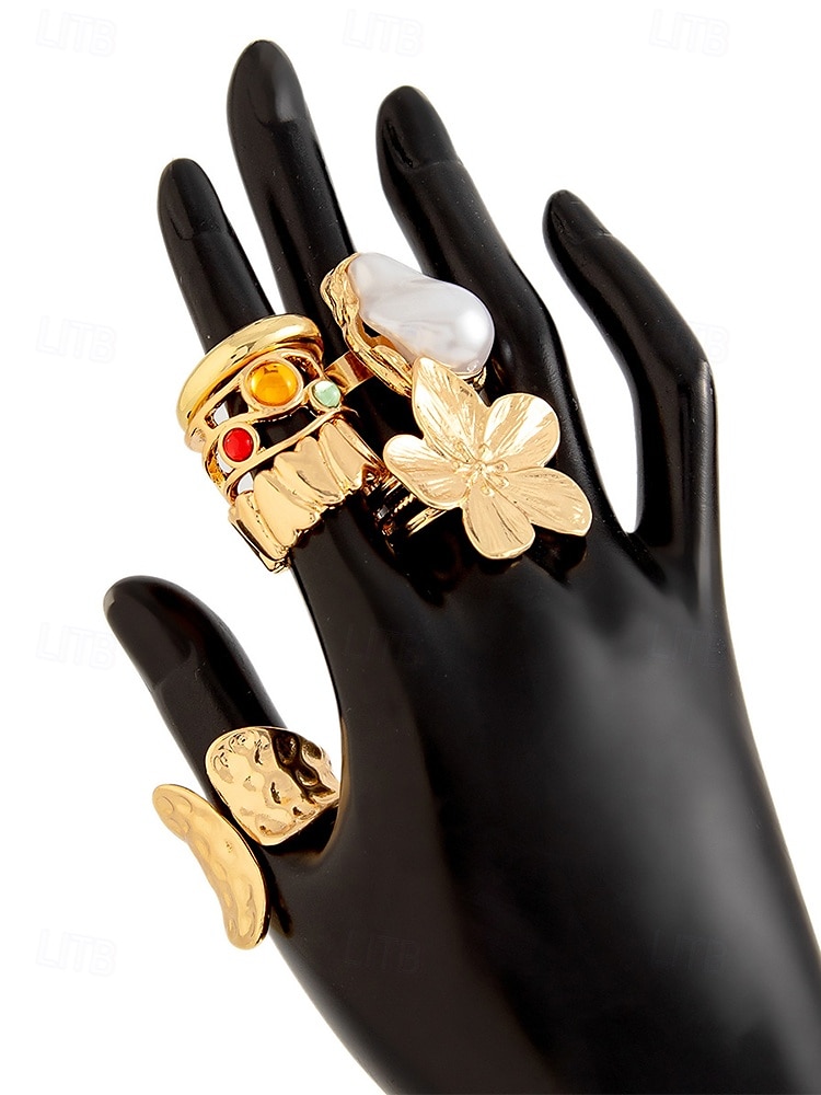 6-teiliges Vintage-Goldring-Set für Damen mit Perlen-, Blumen- und Edelsteinakzenten – modische Statement-Legierungsringe für Partys und den Alltag 2025 - $11.99 –P5