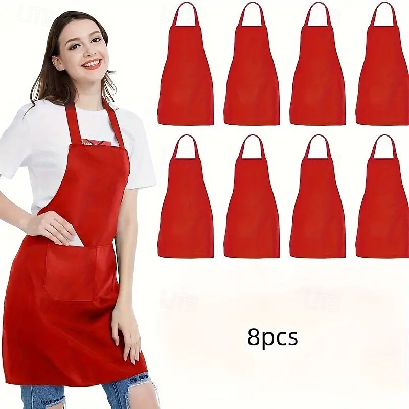 Комплект из 8 фартуков унисекс, прочные кухонные фартуки из полиэстера однотонного цвета с регулируемой горловиной и 2 большими карманами, можно стирать в стиральной машине для приготовления пищи, 2026 - $18.99 –P8