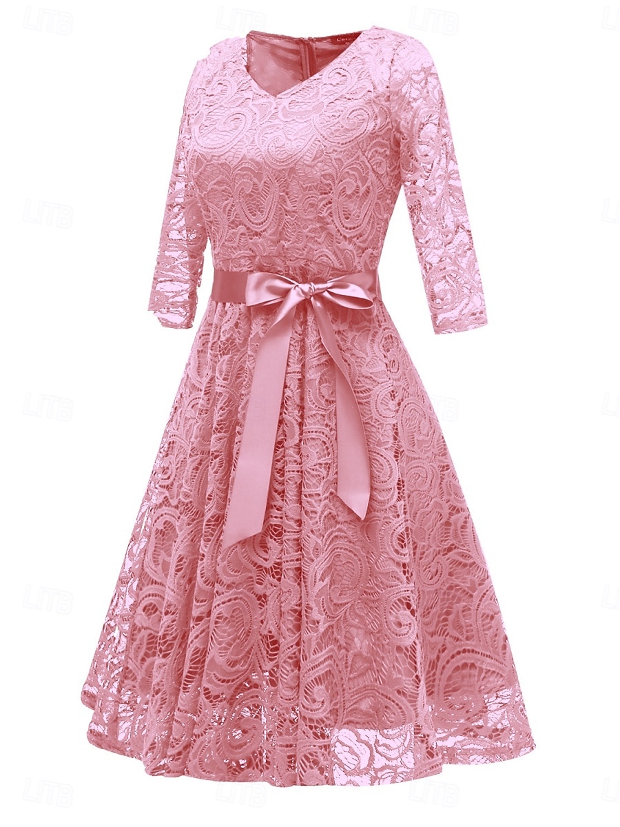 Per donna Abito Midi Abito in Pizzo Abito da Cocktail Abito da invitata a nozze Chiffon Elegante Moda Moderno All'aperto Cocktail party Vestibilità regolare Semplice Manica 3/4 Scollo a V Rosa Vino del 2025 a $31.99 –P6