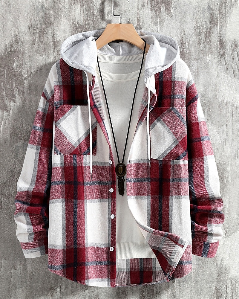 Voor heren Lichtgewicht jack Overhemdjack Vrijetijdsjas shacket Vakantie Dagelijks Ademend Zak Lente Herfst Ruitjes Modieus Klassiek Capuchon Normaal Wijn Rood blauw Groen Jacks 2025 - $27.99 –P12