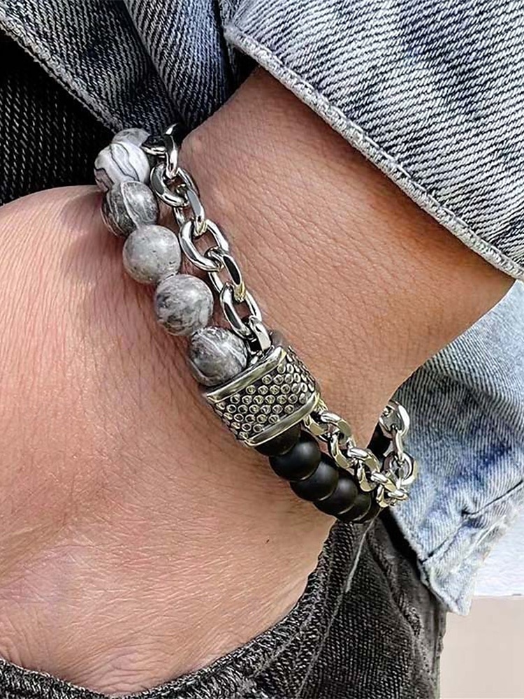 мужской браслет-цепочка из натуральных камней с бусинами – двухрядный регулируемый браслет с застежкой-тогл для повседневного, уличного и праздничного стиля 2025 - $9.99 –P1