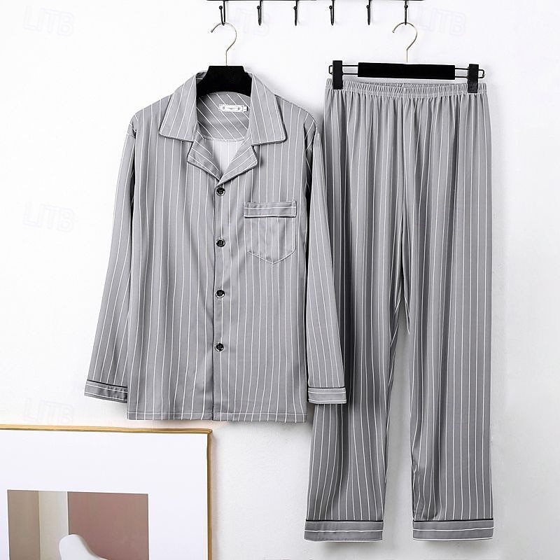 Men's Sleepwear Pajama Set Pajama Top and Pant 1 set Stripe Fashion Stylish Classic Home Daily Bed Polyester Comfort Soft Breathable Lapel Long Sleeve Shirt Pant Elastic Waist Buttons Spring Fall 2025 - $16.99 –P4