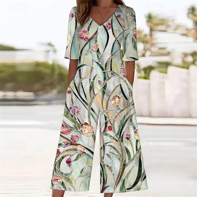 Femmes Normal Combinaison Streetwear Fleuri Manche Courte Jambe large Col en V Avec Poches Imprimé Rue Quotidien Coupe régulière Vert Été de 2025 ? $27.99 –P1