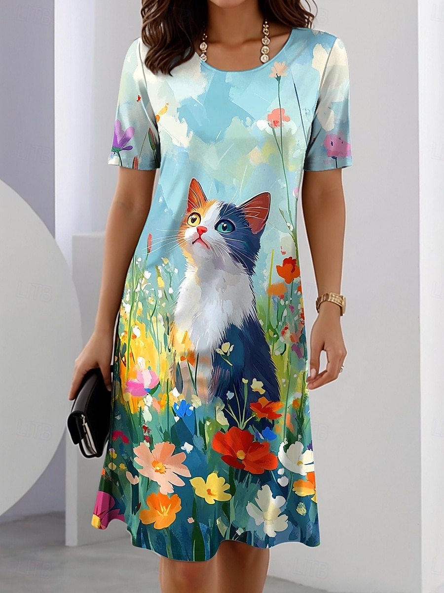 Women's Mini Dress T Shirt Dress Tee Dress Shift Dress Summer Dress Vacation Casual Daily Regular Fit Graphic Animal Cat Short Sleeve Crewneck Yellow Blue Green Summer Spring 2025 - $23.99 –P1