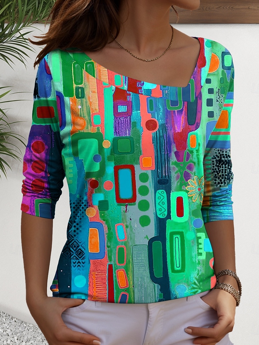 Per donna Maglietta Stampato Grafico Geometrico Casual Manica Lunga Scollo a V Top Regolari Quotidiano Blu Rosso Viola Verde Primavera Autunno del 2026 a $22.99 –P2