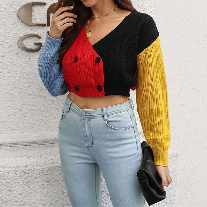 Damen Strickjacke Lässig Farbblock Grobstrick V Ausschnitt Gestrickt Langarm Crop Tops Stricken Täglich Ferien Ausgehen Rote Herbst Winter 2025 - $22.99 –P3