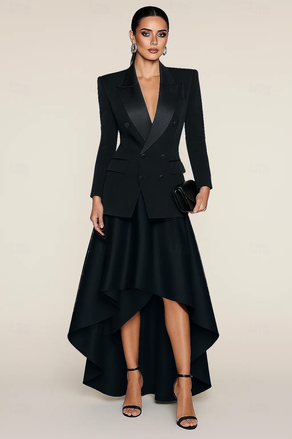 Abito da sposa elegante a trapezio con gonna a ruota nera, lunghezza pavimento, in raso tinta unita, con cintura e cerniera laterale, 2025 del 2025 a $65.99 –P2