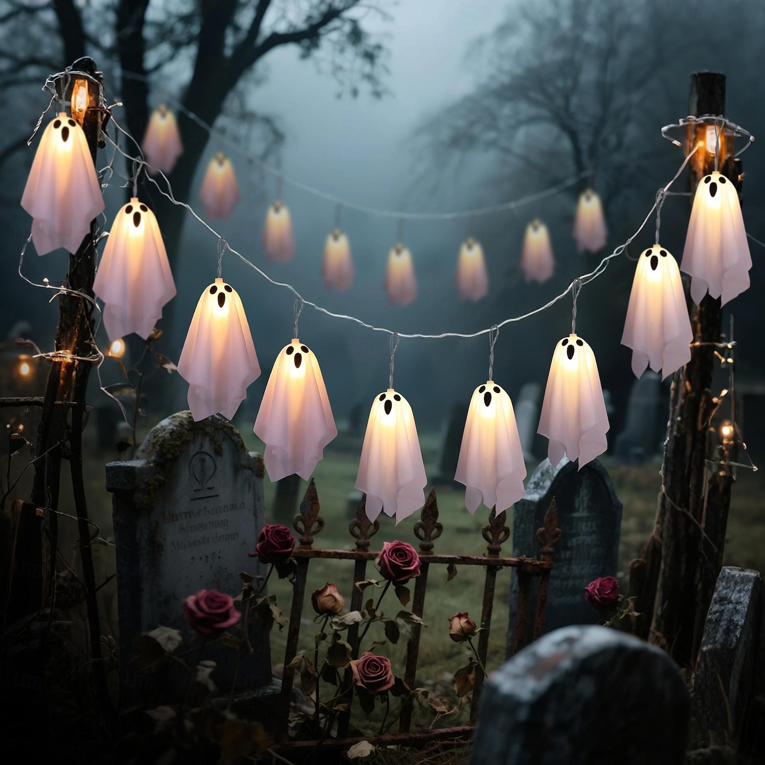 1 Pc Halloween 2.5M 10 luminous hanging ghost ghost light string AAA waterproof battery box 8 function remote control indoor and outdoor courtyard party Halloween atmosphere decoration light 2025 - $20.99 –P5