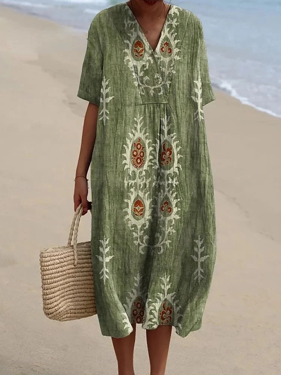 Femmes Robe Midi Robe d'Été Robe trapèze Vacances Occasionnel Chaussures de plage Soirée Sortir Plage Coupe Ample Fleuri Graphique Tribal Manche Courte Col en V Bleu Vert Été Printemps de 2025 ? $37.99 –P1