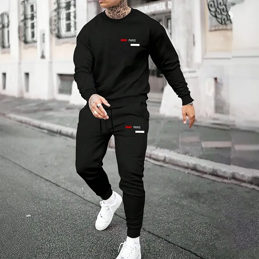 Miesten Pariisi 2kpl 3D-hupparisarjat Verryttelypuku Pullover-huppari Pitkähihainen Pitkät housut Tiukka pyöreä kaula-aukko Urheilullinen Rento arki Kausaliteetti 3D-tulostus Kevät Syksy Talvi Musta 2025 - $39.99 –P1