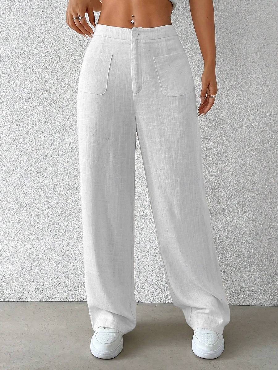 Damen Weites Bein Chinos Mode Basic Lässig Volle Länge Mittlere Taillenlinie Einfarbig Tasche Komfort Außenbereich Unelastisch Urlaub Straße Täglich Schwarz Weiß Blau Aprikose Sommer Frühling Herbst 2025 - $37.99 –P7