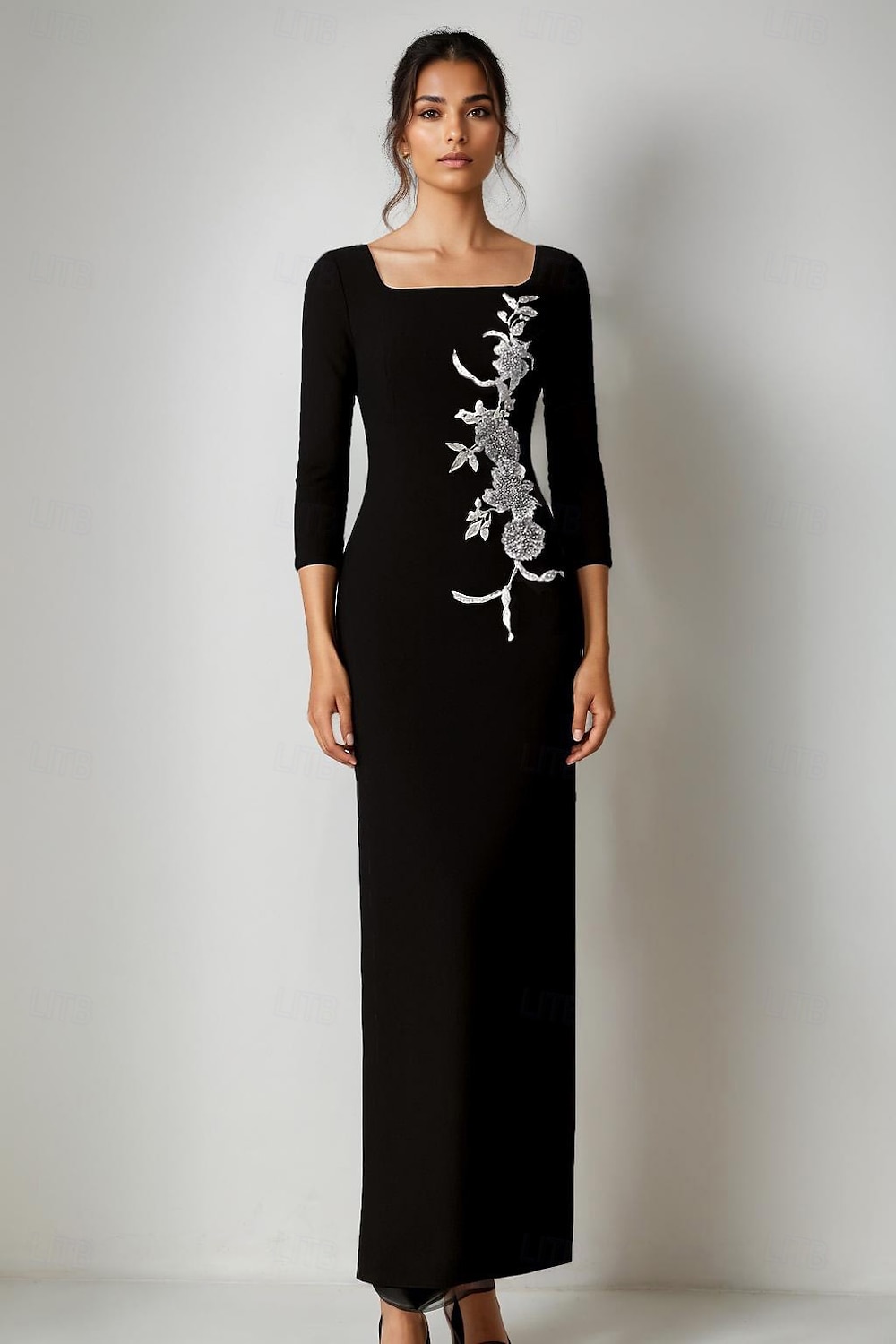 schwarz-weißes Etuikleid/Säulen-Abendkleid, elegantes Kleid, formelle Hochzeit, bodenlang, 3/4-Ärmel, quadratischer Ausschnitt, Stretch-Krepp mit floraler Perlenspitze, 2025 2025 - $139.99 –P1