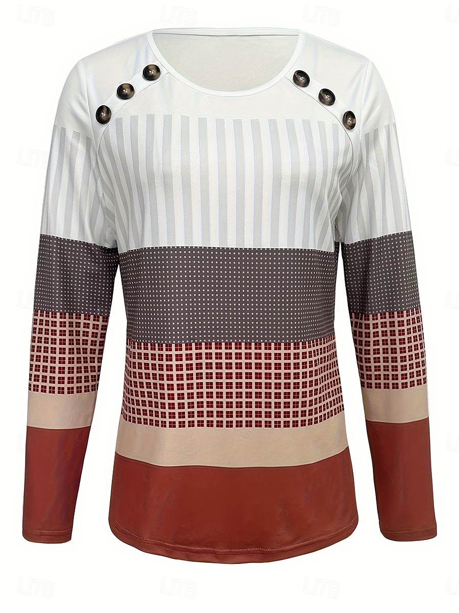 Dame Gensere Grafisk Geometrisk Stripet Årgang Klassisk Fritid Langermet Crew-hals Vanlige topper Knapper Trykt mønster Hvit Vin Vår Høst Vinter 2025 - $24.99 –P3