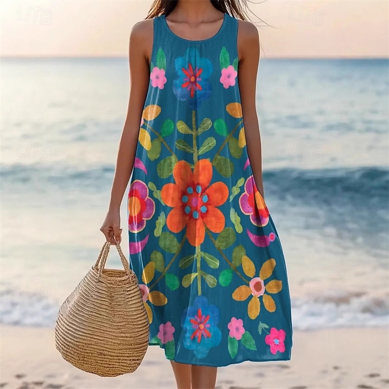 Femmes Robe Midi Robe Décontractée Robe d'été Mode Moderne Quotidien Plage Week-end Coupe régulière Fleur Sans manches Col ras du cou Bleu Été Printemps de 2025 ? $21.99 –P1