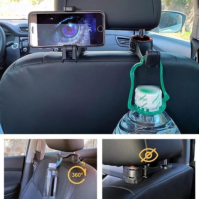 2 soportes para reposacabezas de coche, gancho multifunción para asiento trasero, organizador con bloqueo para teléfono, soporte para colgar bolsas, comestibles, bolsos, abrigos y accesorios. 2025 - $6.49 –P7