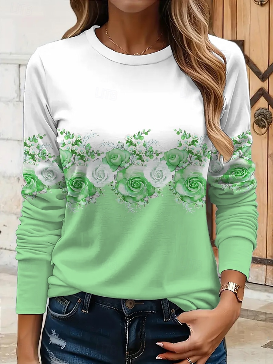 Femmes T-shirt Fleuri Graphique Plantes ancien Élégant Classique manche longue Col ras du cou Col rond Hauts Réguliers Quotidien Imprimé Jaune Rose Claire Bleu Violet Vert Été Printemps Automne de 2025 ? $22.99 –P4