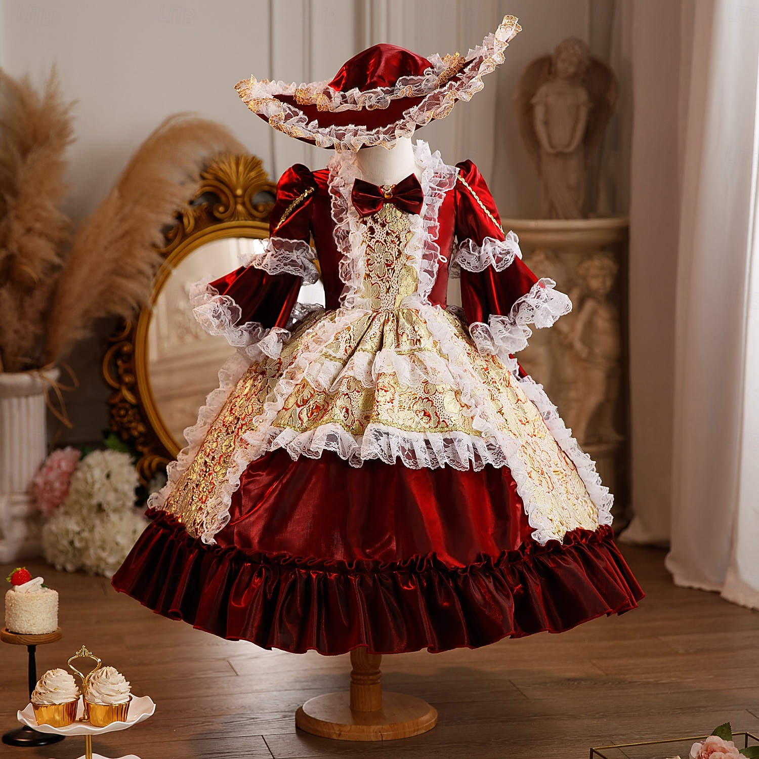 Steampunk Prinzessin schick Maxi Partykostüm Zubehör Glockenärmel Prinzessin Belle Schleife Retro Ballkleid Spitzkragen Kostüm Mädchen königlich Weihnachten Halloween Karneval Maskerade 2026 - $139.99 –P4
