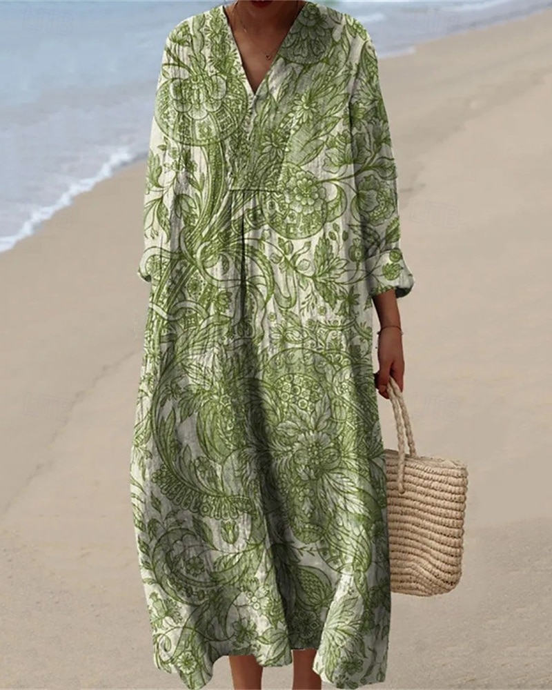 Women's Midi Dress Casual Dress Print Dress Fashion Modern Daily Beach Weekend Regular Fit Striped Long Sleeve V Neck Black Yellow Pink Green Spring Fall 2025 - $26.99 –P4